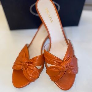 PRADA Antic Soft Corallo Orange Leather Bow Heel Sandal Size 40